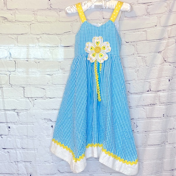 Rare Editions Blue White Yellow Check Seersucker Flower Sundress Girl’s Size 6 - Picture 1 of 12